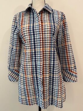 Boho Chic NYC Plaid Seersucker Button Front Back Blouse Tunic Small